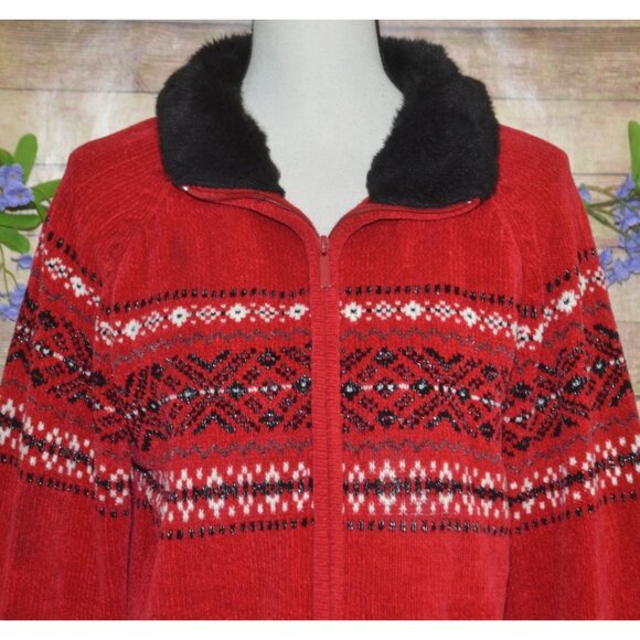 Carolyn Taylor Ladies Red Full Zip Faux Fur Fair Isle Sweater Cardigan Size XL - Picture 2 of 15